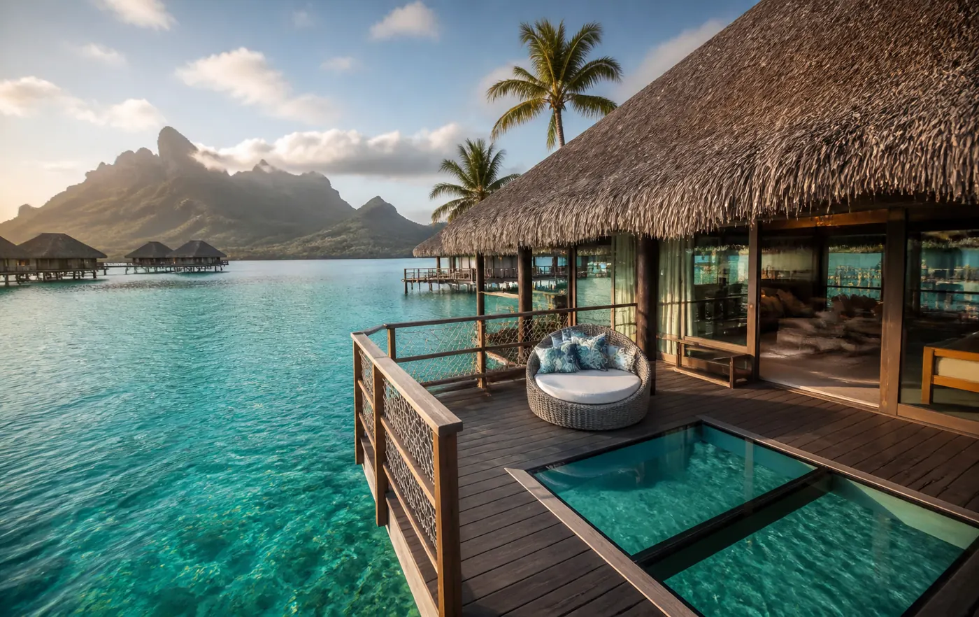 Overwater-Villa mit Blick auf Mount Otemanu, Bora Bora