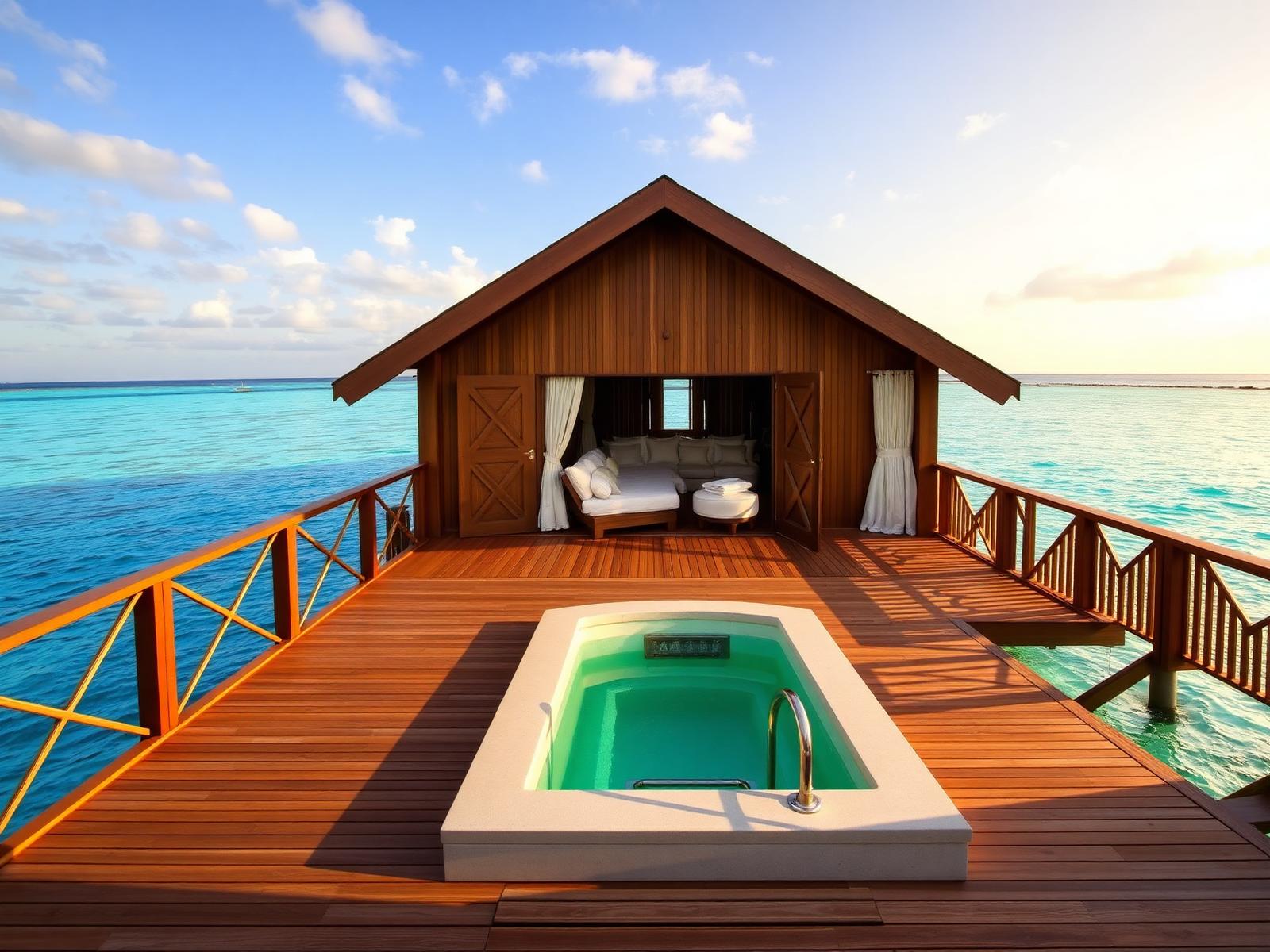 Overwater-Villa Malediven mit privatem Deck und Pool über türkiser Lagune