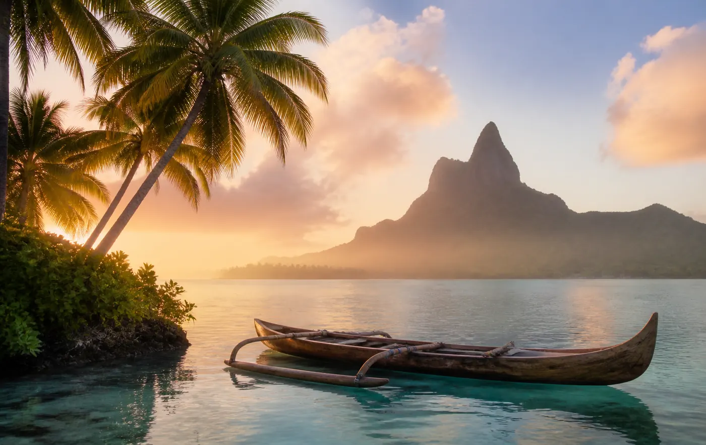 Traditionelles Auslegerkanu in der türkisen Lagune von Bora Bora, Französisch-Polynesien, im goldenen Sonnenuntergang – romantische Kulisse für Flitterwochen