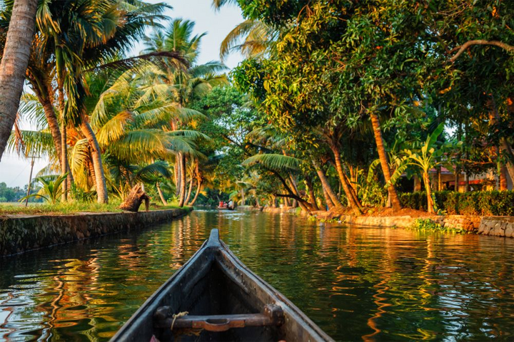 Hausboot in den Backwaters von Kerala zwischen Palmen, Südindien Hausboot in den Backwaters von Kerala zwischen Palmen, Südindien