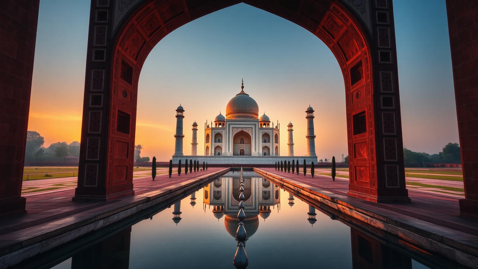 Luxusreisen Indien – Taj Mahal bei Sonnenaufgang durch Sandsteintor