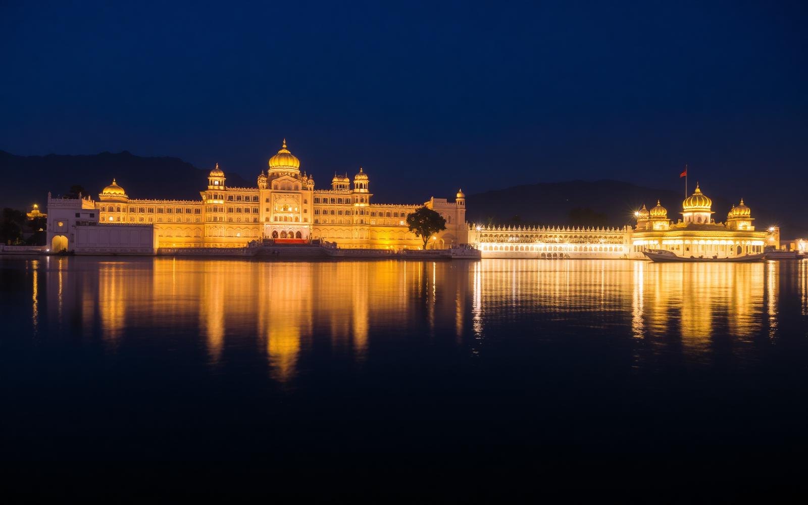 City Palace Udaipur am Lake Pichola bei Nacht