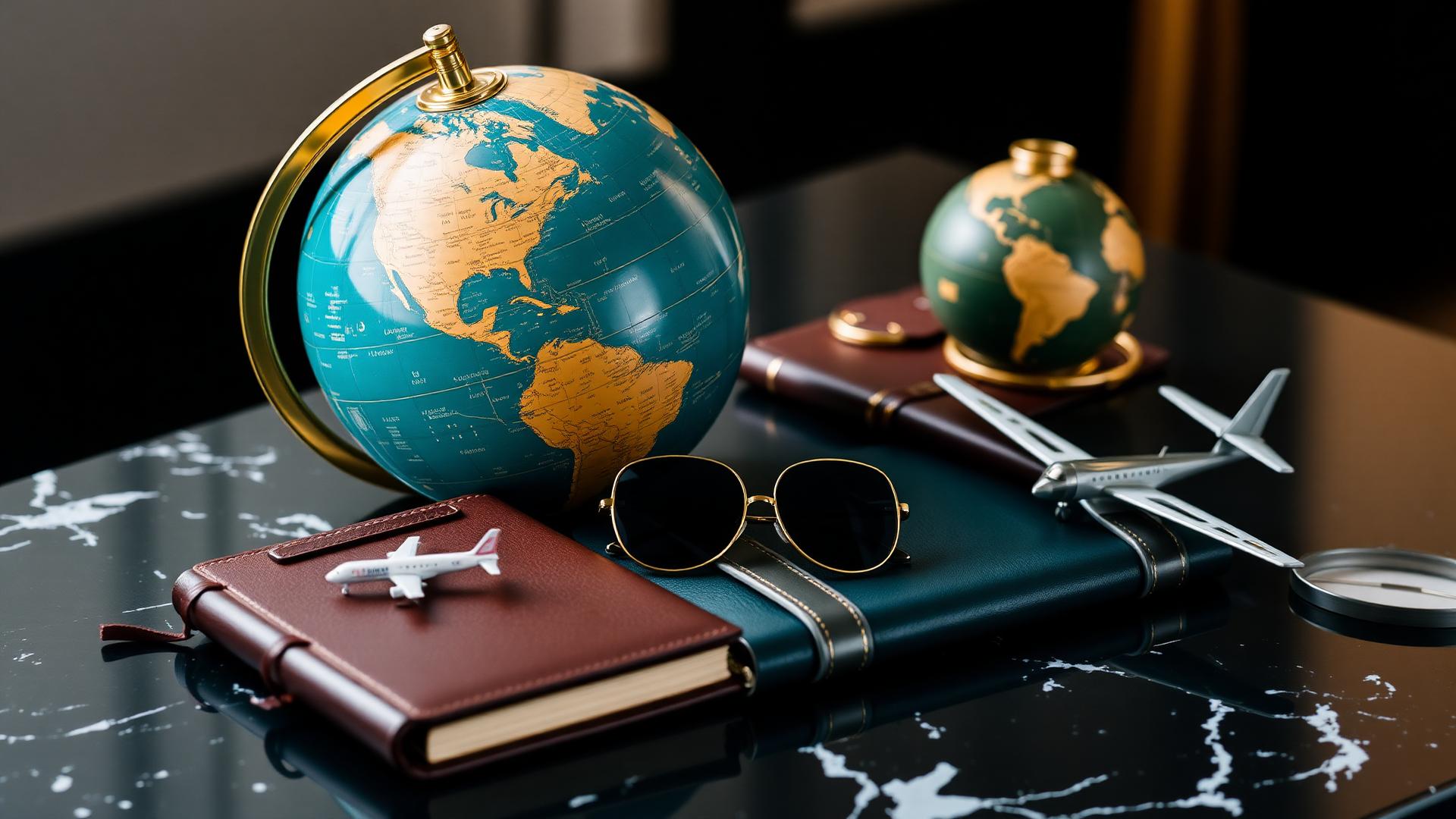 Eleganter Globus, Reisejournal und Flugzeugmodelle — Symbol für eine maßgeschneiderte Luxusweltreise